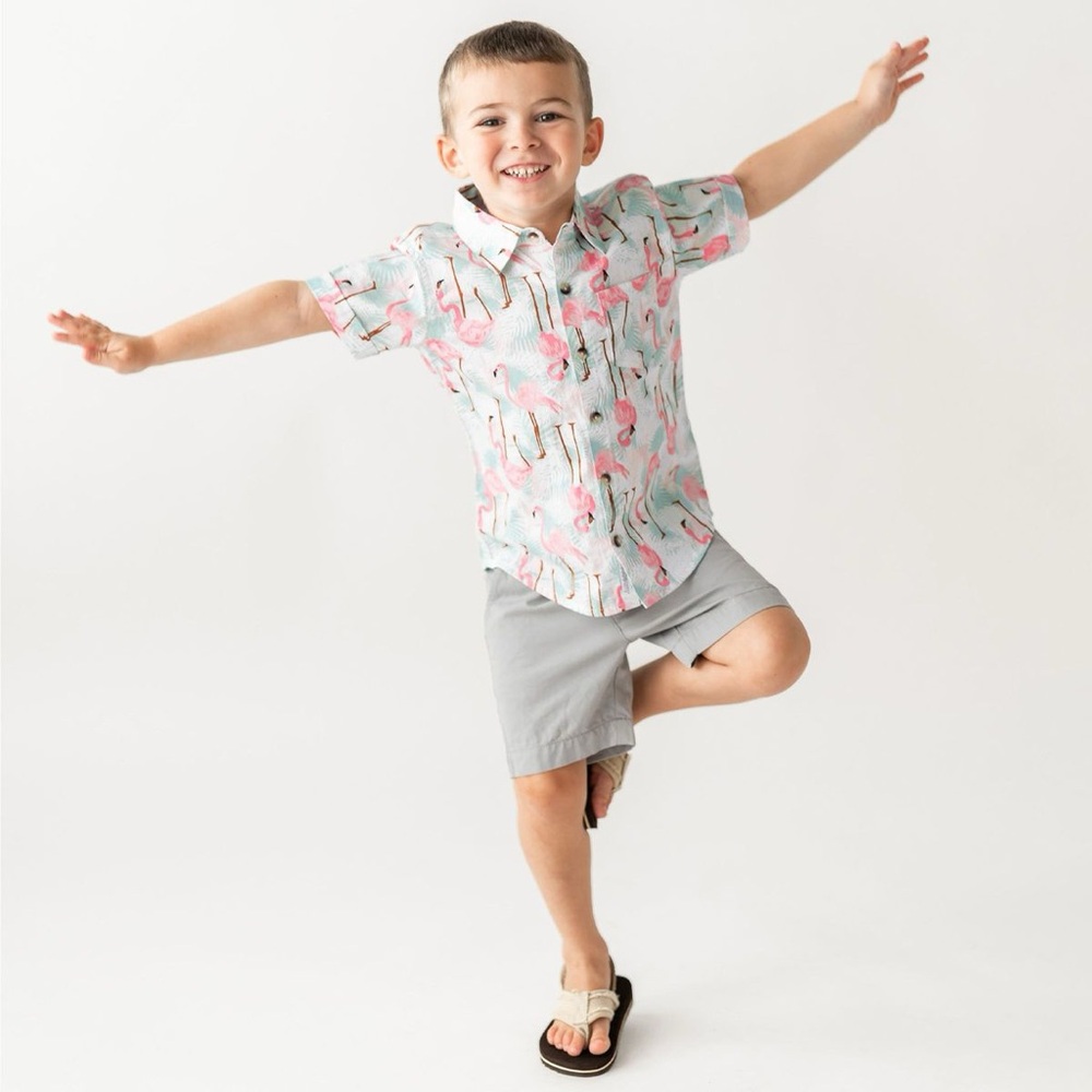RuggedButts Toddler Vibrant Flamingo Short Sleeve Button Down Shirt NWT